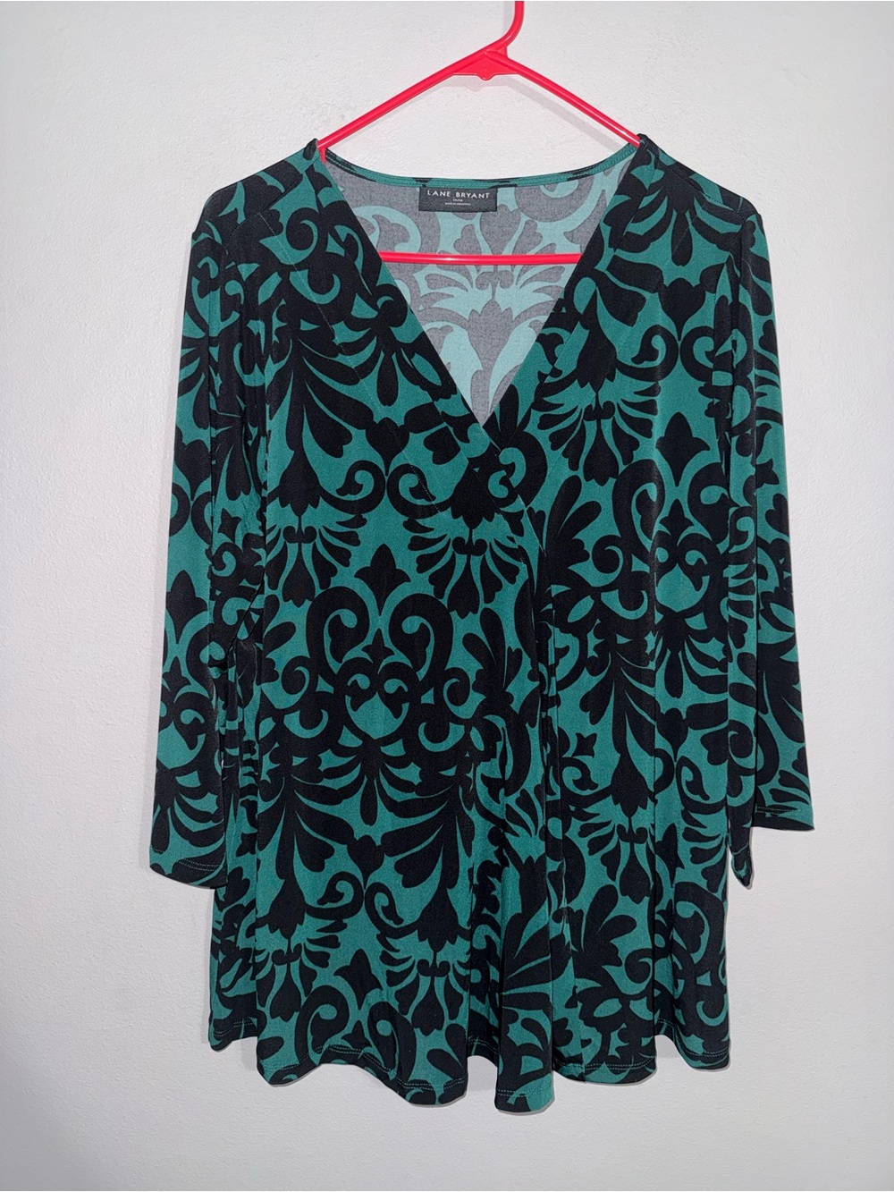 Lane Bryant Teal and Black Patterned V-Neck Blouse 14/16